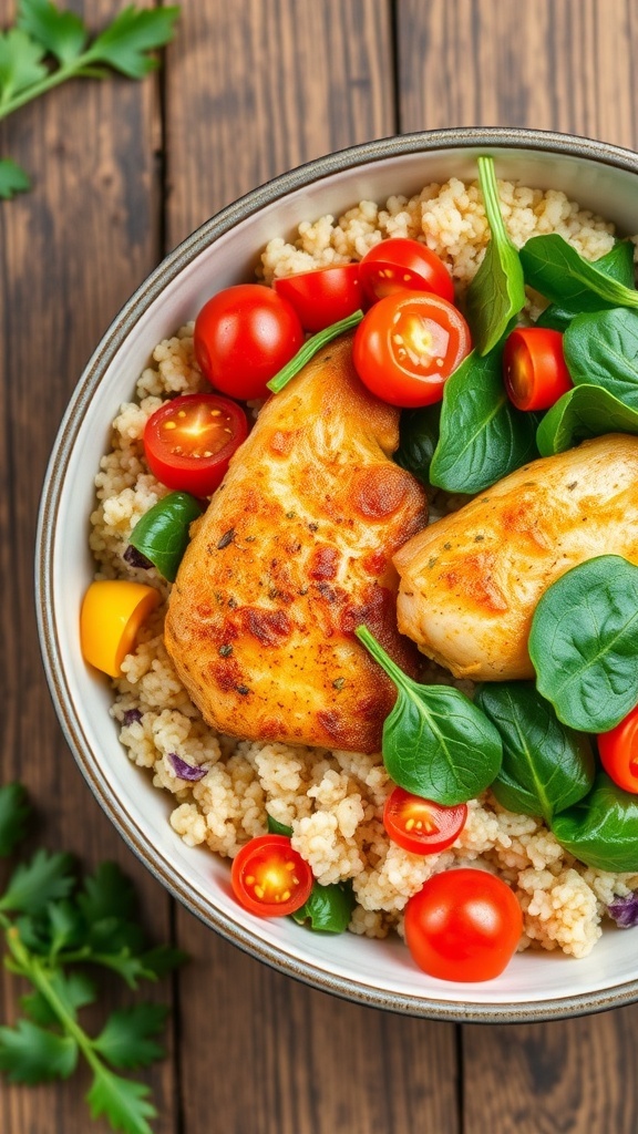 A healthy chicken quinoa bowl with bell peppers, tomatoes, and spinach on a rustic table.
